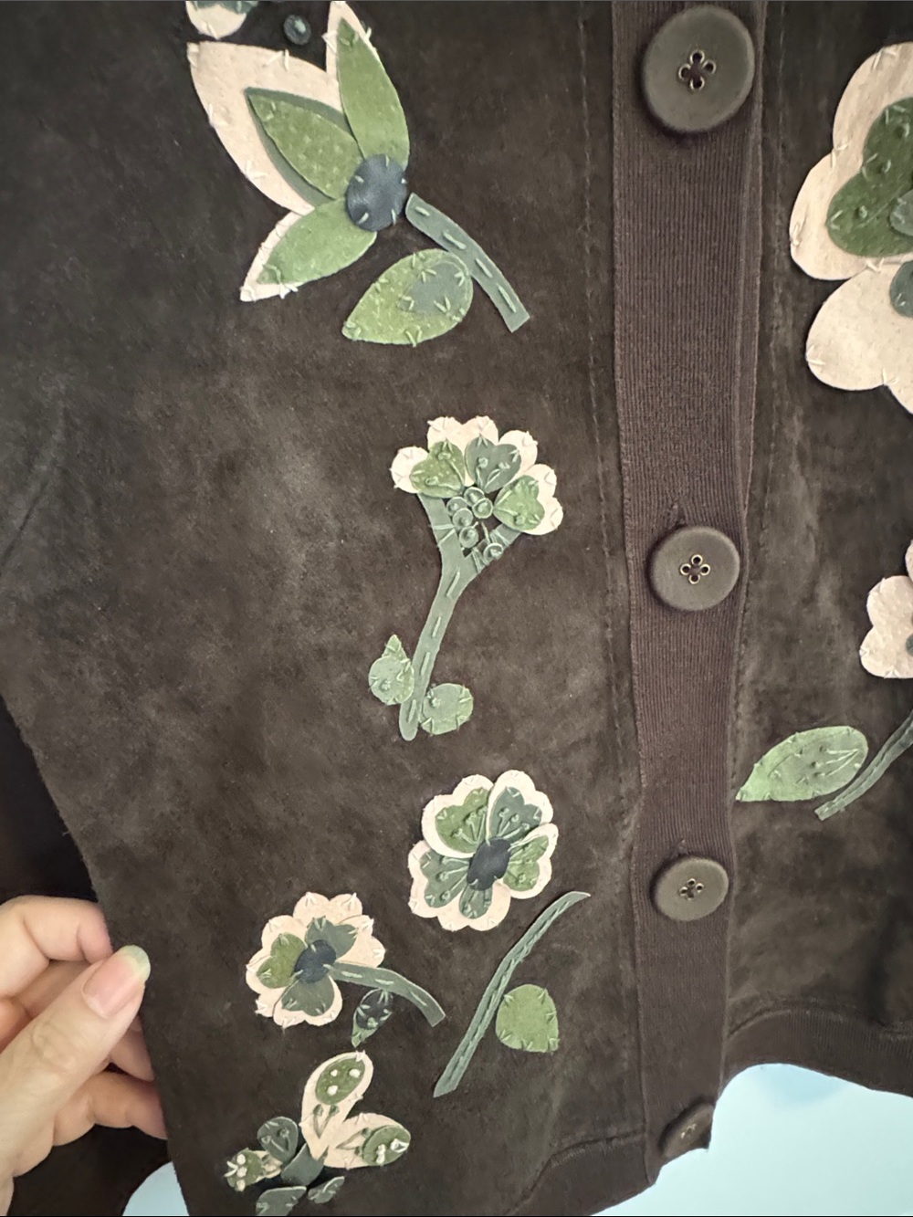 Suede and knit hand stitched Brown Floral Appliqué Button-Up Jacket - Picture 3 of 5